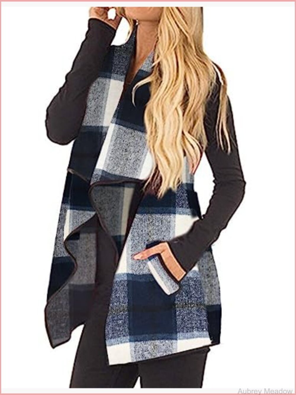 Buffalo Plaid Sleeveless Cardigan Vest with Pockets Open Front Lapel - Picture 2 of 7